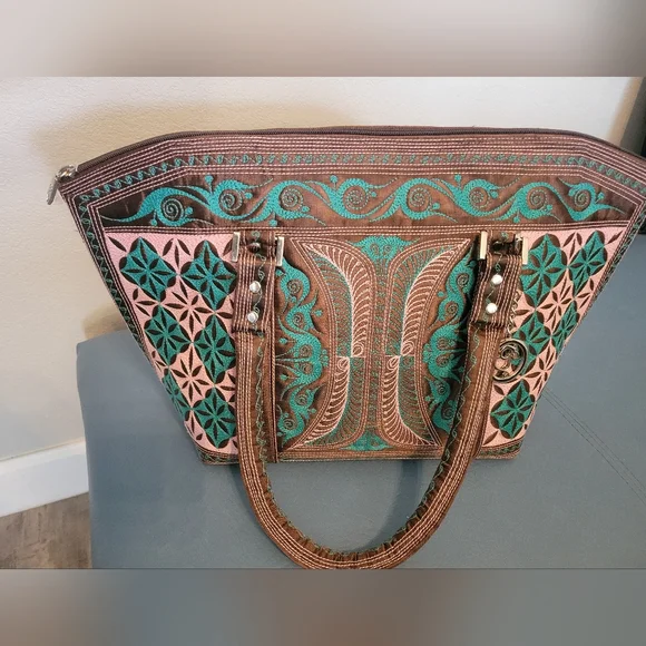 NWOT Banda Bags Tote Bag Brown, Pink and Green - Picture 4 of 8